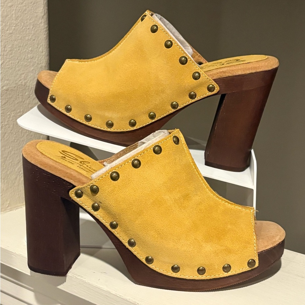 Sbicca Yellow Suede Studded Platform Clogs